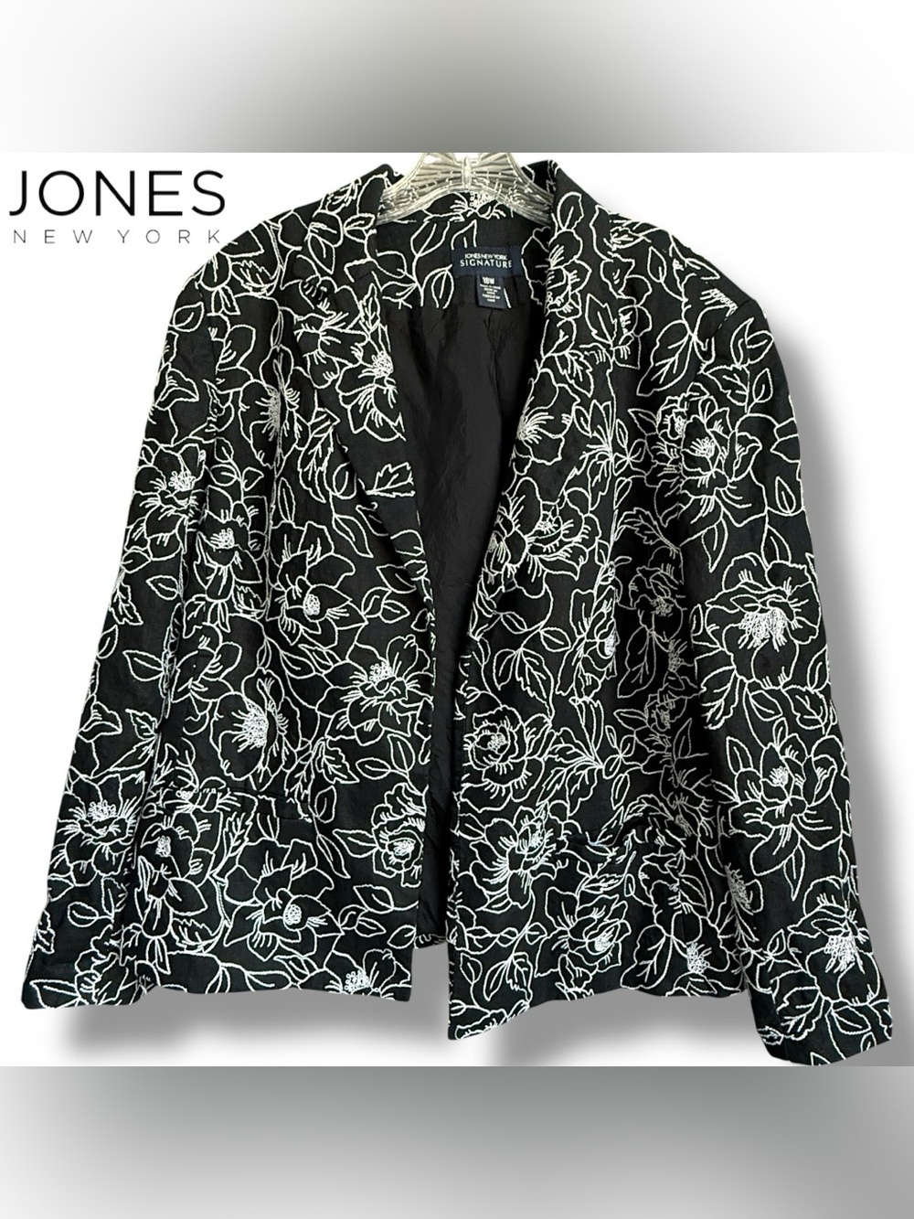 Jones New York Wmn’s Linen Floral Blazer Jacket Embroidered Black & White | 18W